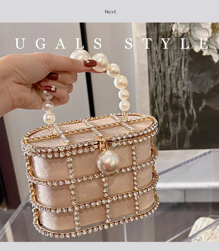 Luxury Hollow Out Metal Cage Preal Beaded Women\'s Handbag Rhinestone Diamond Evening Bag Wedding Party Clutch Purse Shoulder Bag