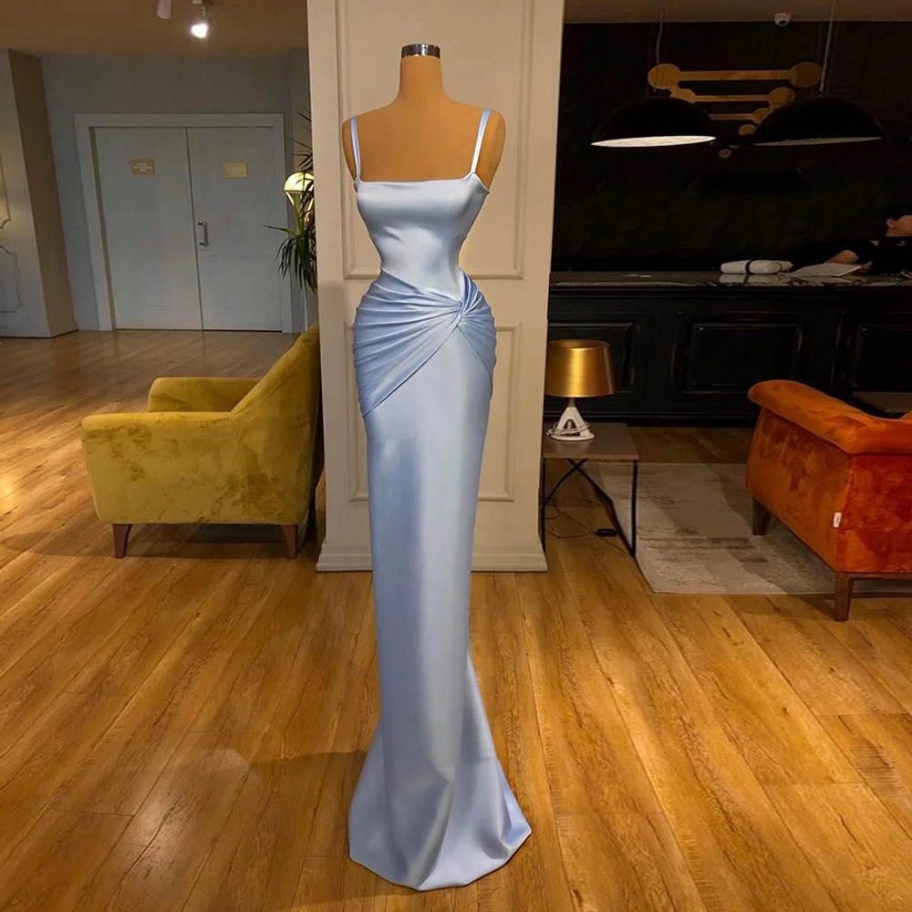 

Angelsbridep Sky Blue Simple Evening Dress Mermaid Spaghetti Straps Square Neck Pleat Vestido De Festa Longo Satin Prom Gowns