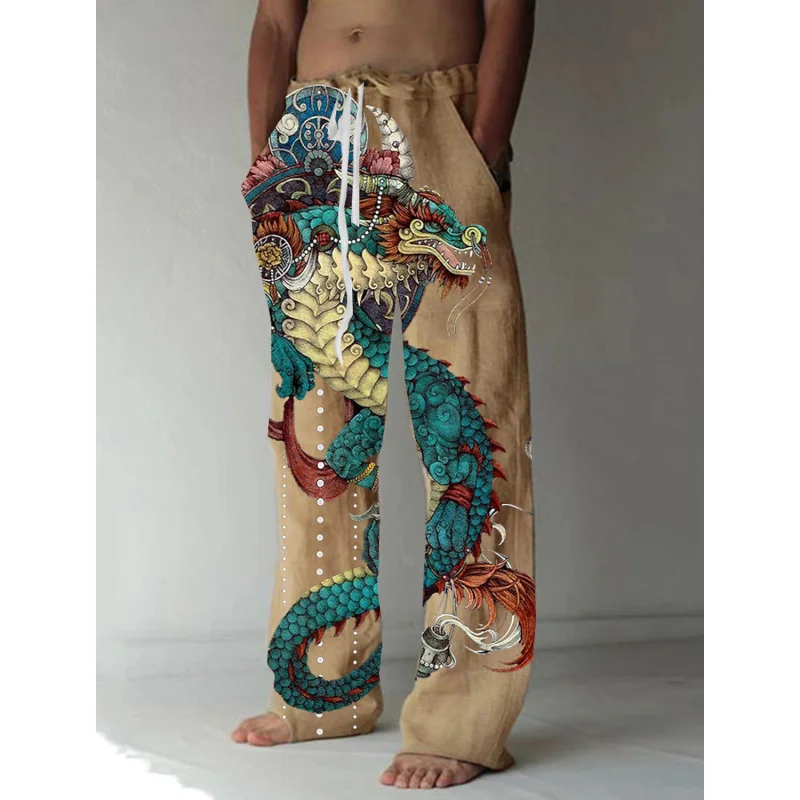 

Мужские брюки с 3D-печатью тотема дракона, геометрическим комфортом, повседневная одежда, которые можно использовать гавайские летние брюки, пляжные брюки.