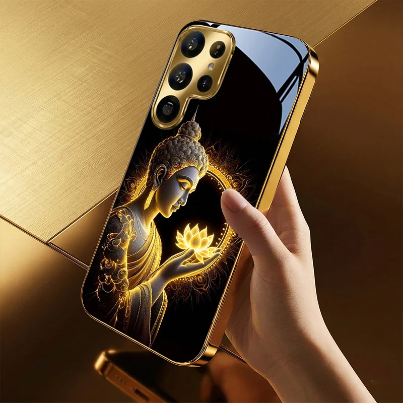 Golden Buddha Print Pattern Electroplated Glass Phone Case for Samsung Galaxy S26/22/23/24/25 PLUS/S21/22/23/24 ULTRA