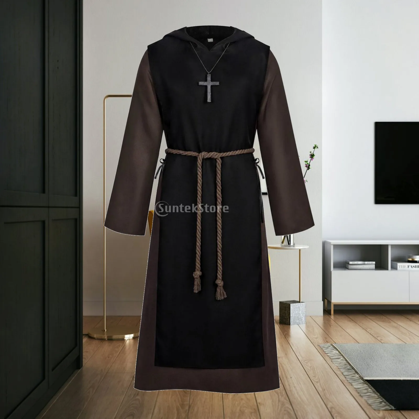Full Coverage Monk Style Halloween Robe with Cross Necklace for Medieval Festival Dressing