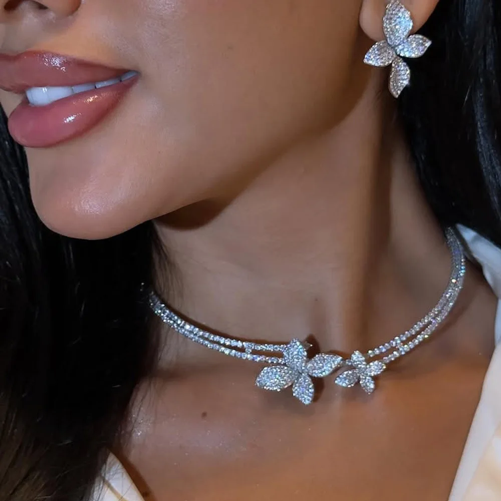 

New Fashion Flower Necklace Earrings Women Jewelry Set High Grade Heavy Sparkling Rhinestone For Party Banquet Gown Accessories