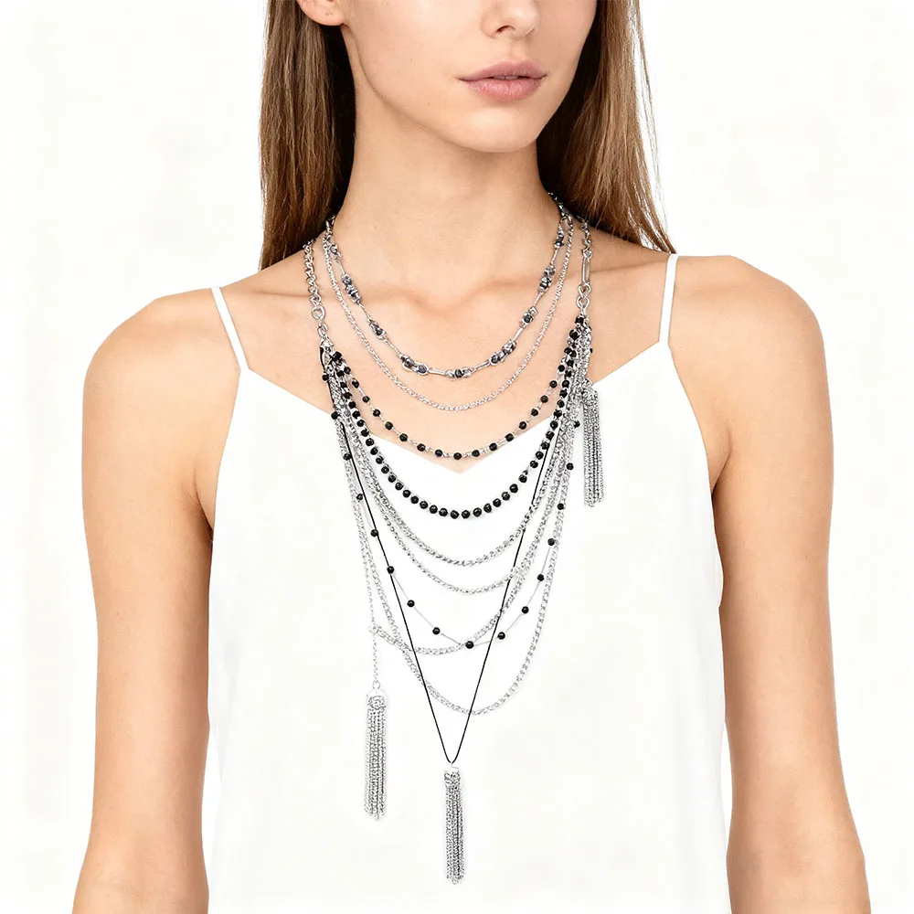 

Exaggeration Multi-layer Long Metal Chain Beaded Tassels Pendant Necklace for Women Fashion Bohemian Holiday Party Jewelry Gifts