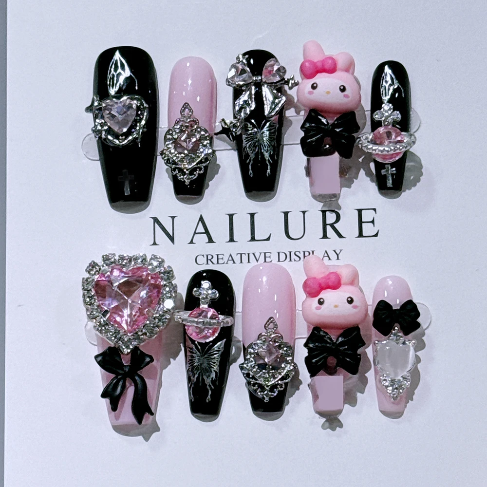 Moda karikatür yapay basın çivi Hello Kitty Nails mi Pochacco ördek fatura şekli lüks elmas ayrılabilir tam kapak çivi