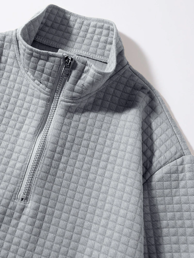 Herren Waffelstruktur Stehkragen Halbreißverschluss Langarm-Sweatshirt mit Kängurutasche, Locker Geschnitten, Frühling Herbst Weicher Lässiger Pullover – Detail 6