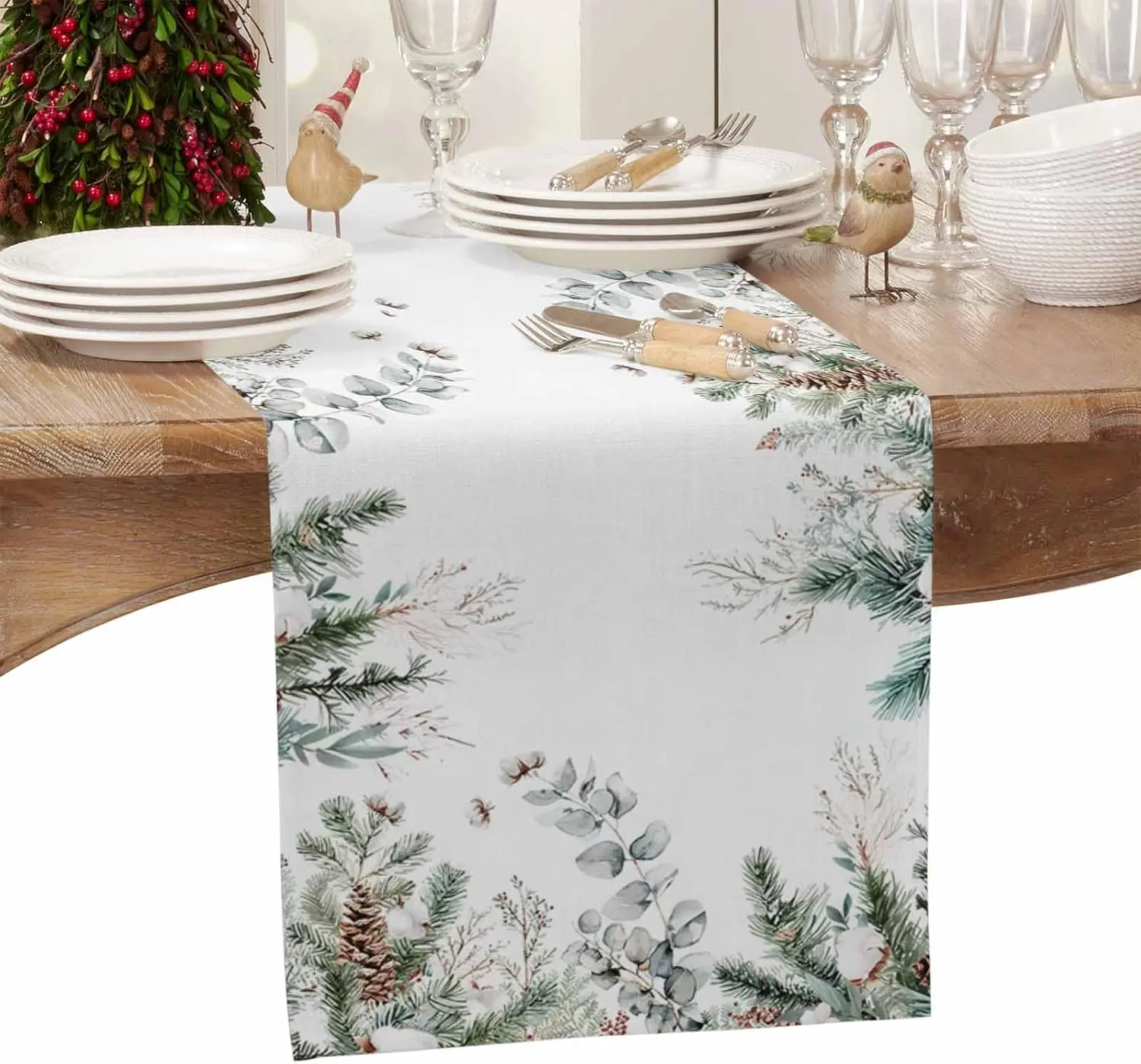 

Merry Christmas Eucalyptus Pine Needles Linen Table Runner Party Decor Winter Xmas Pinecone Dining Table Runners Home Decoration