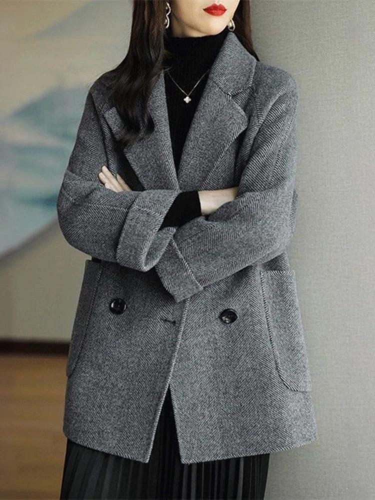 

Autumn and Winter New Korean Style Women Loose Plus Size Western Style Mid-length Casual Coat Solid Color Woolen Suit Jacket