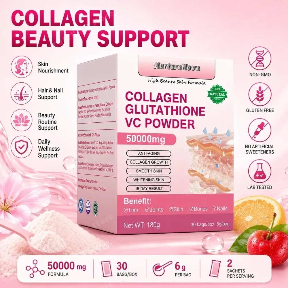 Collagen Peptides Glutathione Vitamin C Powder 30 Sachets, Marine Collagen Drink Mix for Beauty Wellness Support Adults 180g