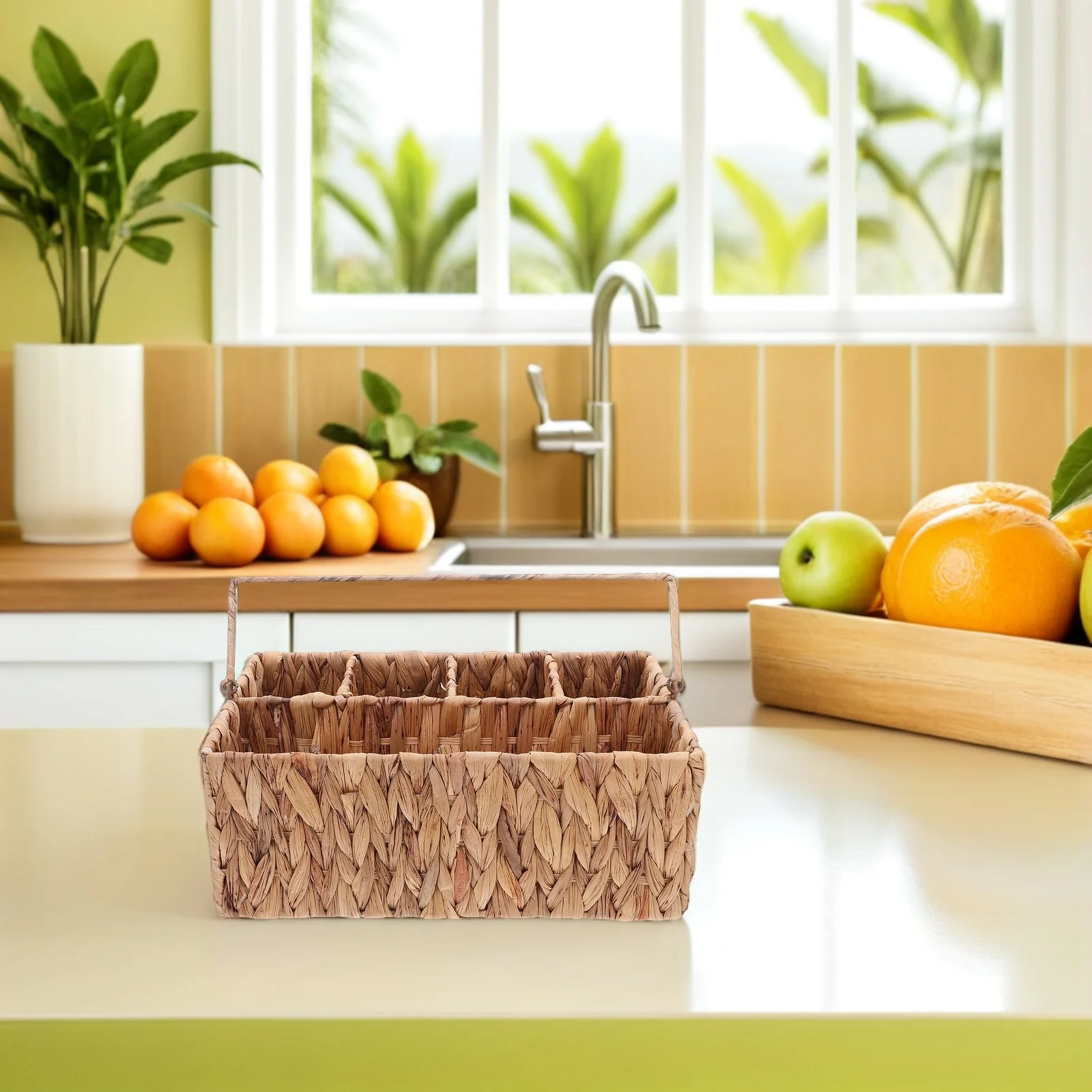 

5 Compartments Grass Woven Storage Basket Handmade Portable Picnic Organizer Cutlery Silverware Utensils Holder Container