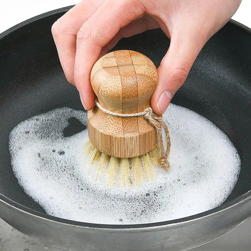 Palm Pot Dish Brush Bamboo Scrub Brush For Dishes Pots Pans Kitchen Sink Cleaning Mini Durable Scrub For Kitchen Cleaning