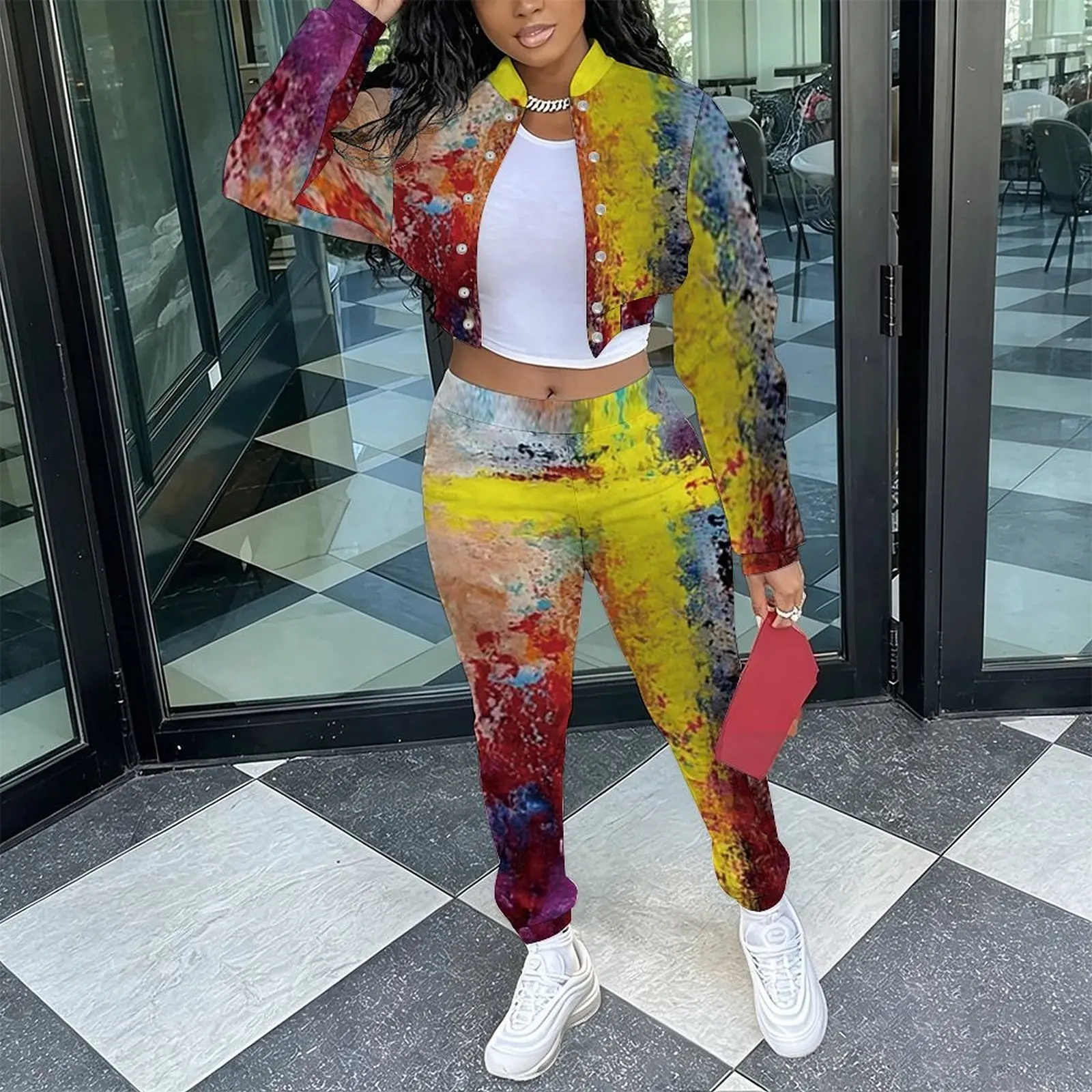 Female Fashion Two‑Piece Set Retro Long Sleeve Stand Collar Jacket  Slim Fit Long Pants Ladies Everyday Commuting Elegant Outfit