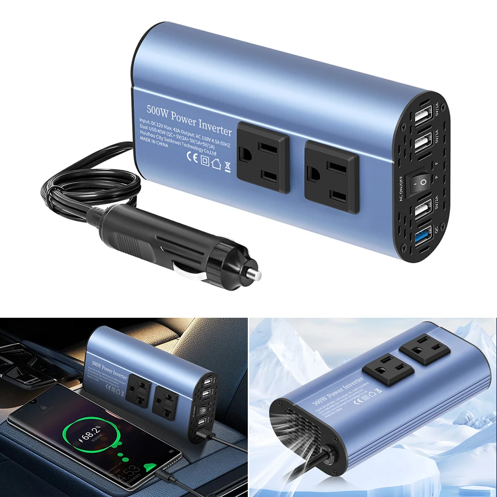 Car Power Inverter DC 12V to AC 110V 220V Improved Modified Sine Wave Power Adapter 4 USB Fast Charging Universal EU 500W