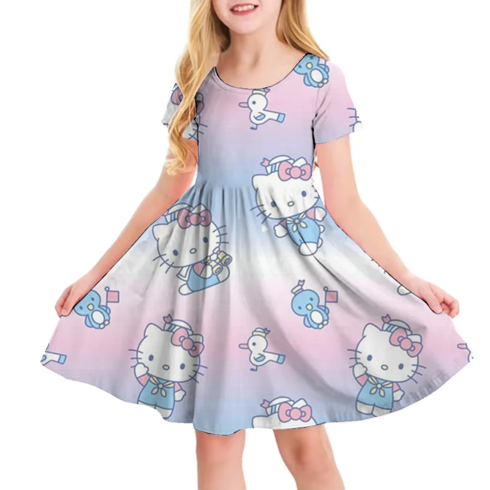 3D Printed Sanrio Hello Kitty Fashion Cartoon Pattern Cute Short Sleeved Dress Cosplay Youth Girl Clothes Kuromi Clothes Sweet