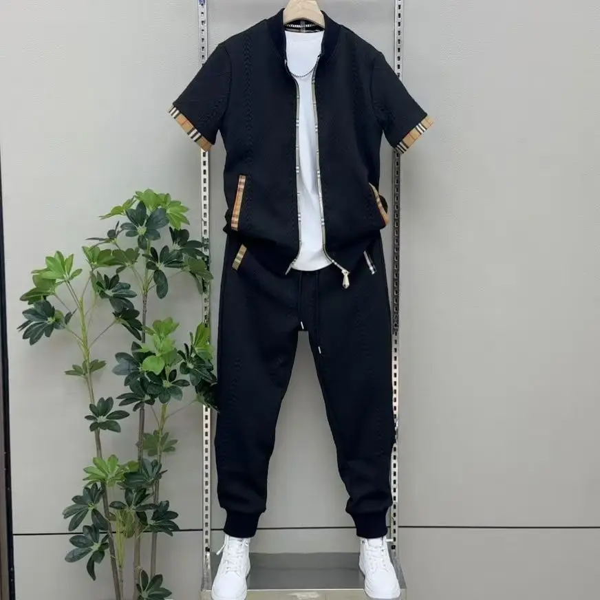 

Summer new men's solid color splicing niche zipper short-sleeved shorts set five-quarter sleeves