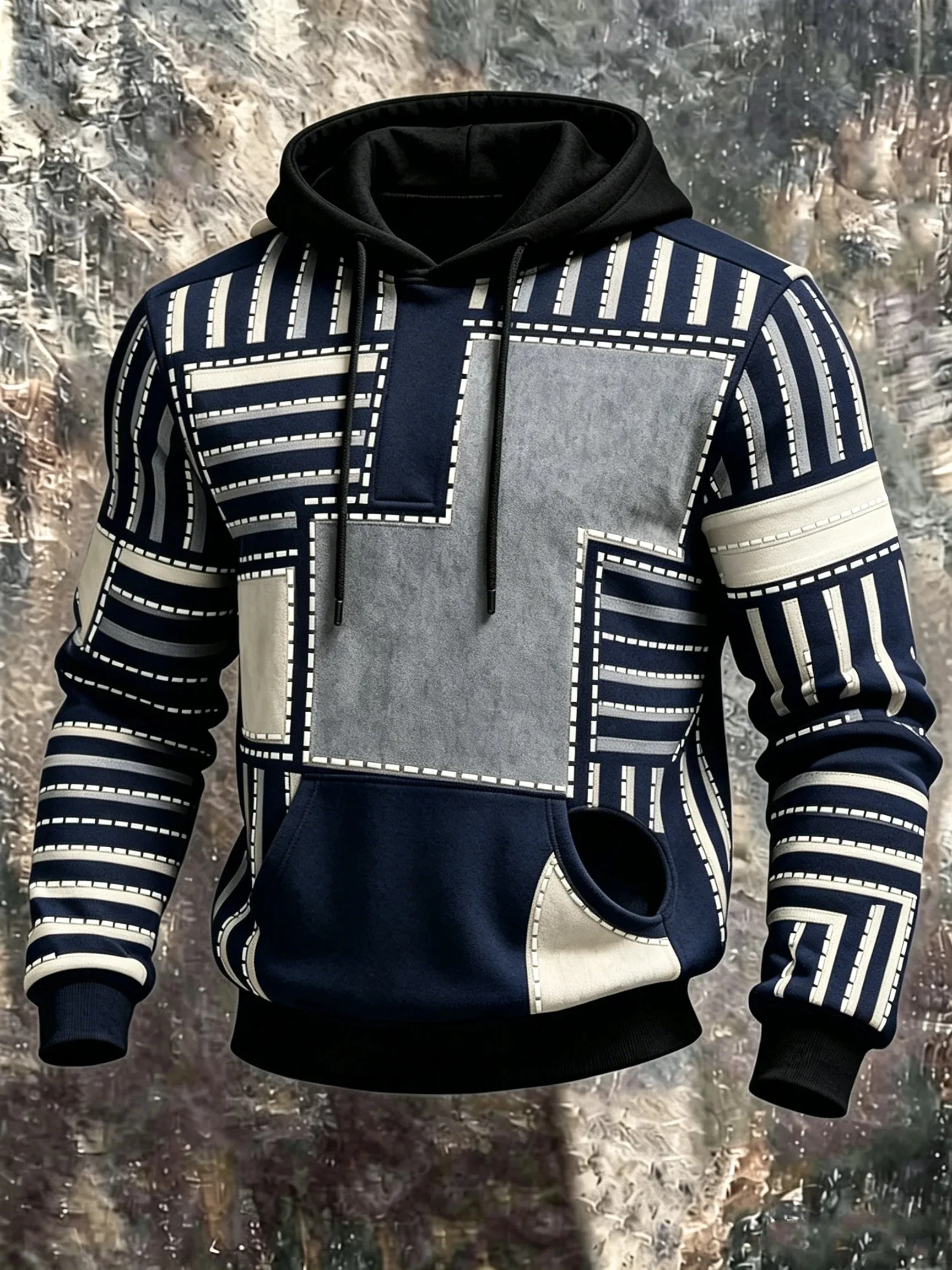Unisex 3D Printed Hoodie Green Khaki Patchwork Block Stitch Geometric Pullover Long Sleeve Casual Street Sweatshirt Men Tops
