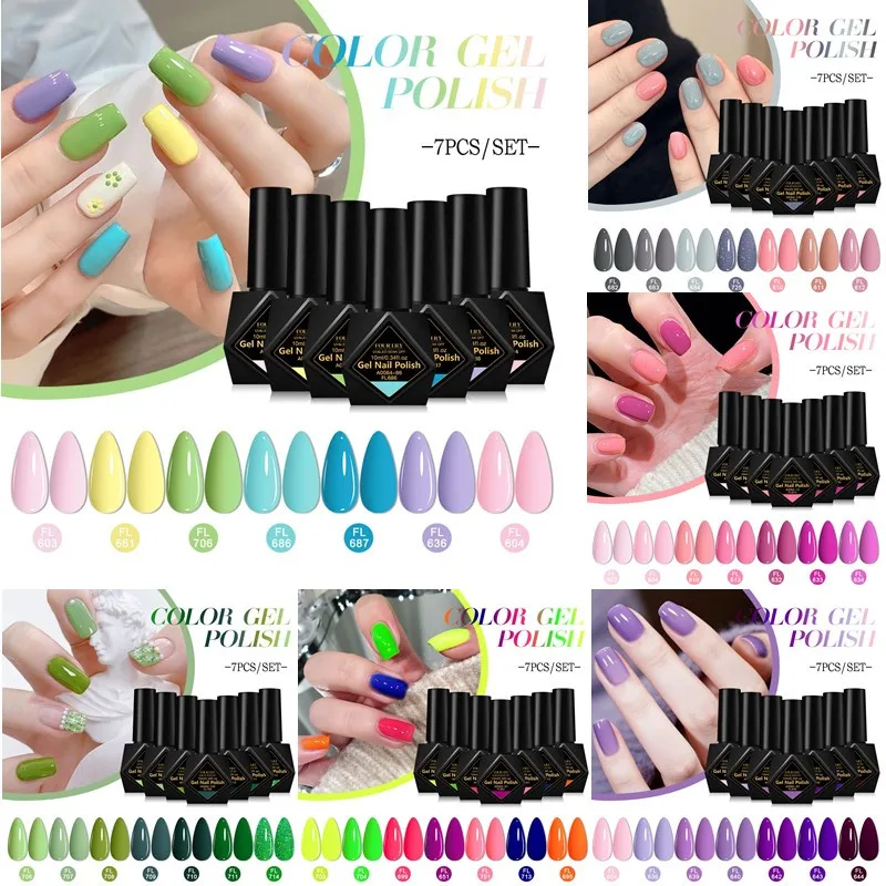 

Набор из 7 гель-лаков для ногтей в цветах макарон: нюдовый, розовый, синий. Без HEMA и TPO. Полуперманентный, снимаемый, УФ-гель-лак для декора ногтей.