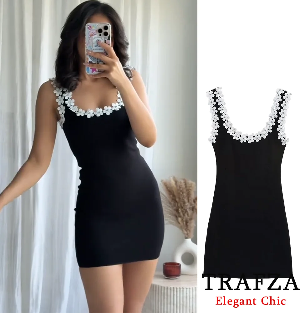 

TRAFZA Romantic Sexy Tight Dress Women's Flower Embellishment Sling Mini Slim Dress 2025 Summer Fashion Vacation Elegant Dress