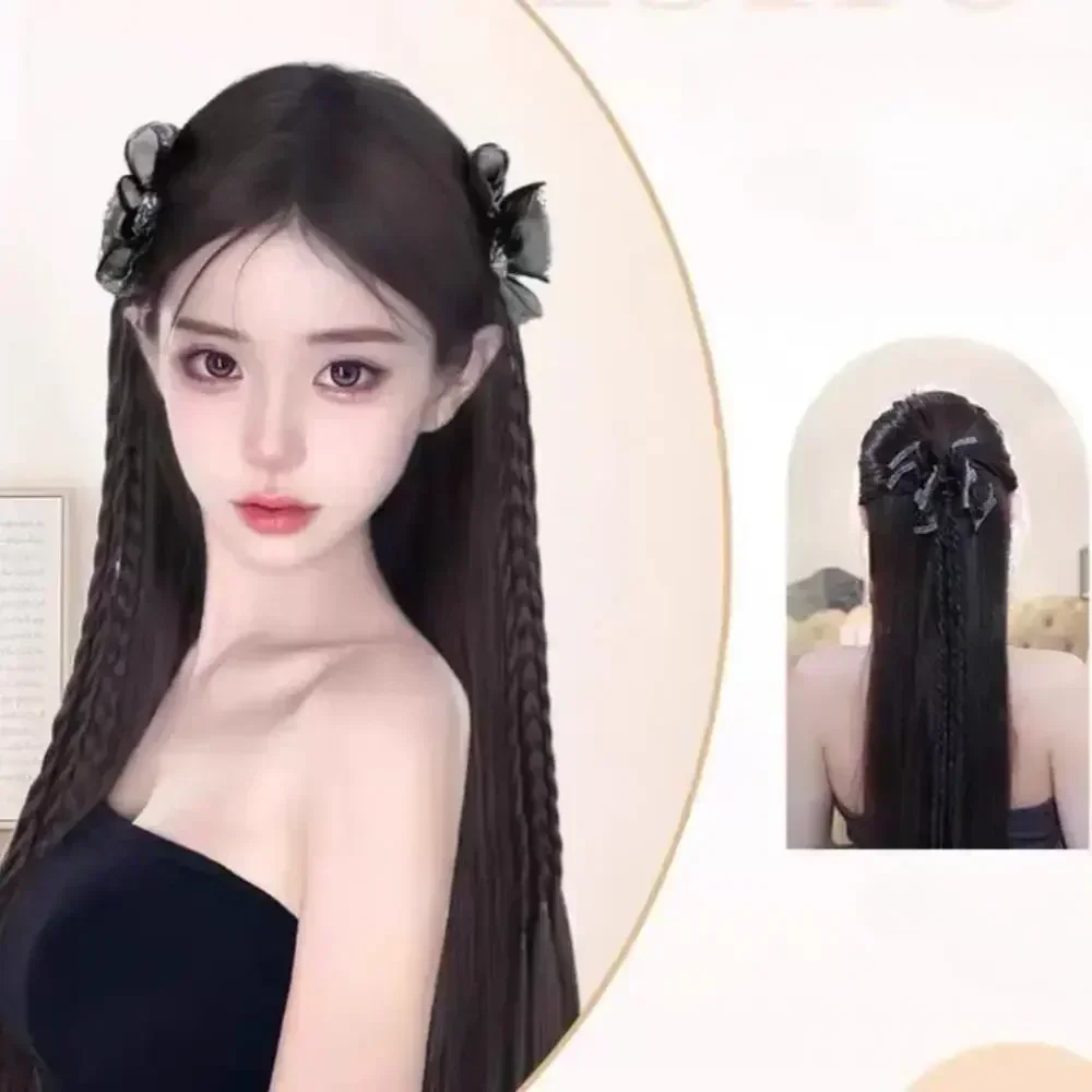 Y2K Parrucca sintetica intrecciata intrecciata con fiocco per ragazze Simulazione doppia coda di cavallo Estensioni da donna