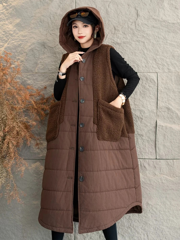 Masss Wasss 2024 Winter Womens Long Fashion Loose Hooded Padded Vests Ladies Casual Classic Sleeveless Coats Warm Fur Waistcoats