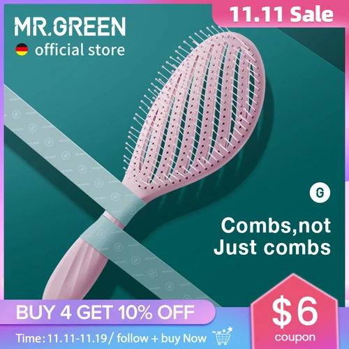 MR.GREEN-cepillo de pelo hueco para el cuero cabelludo, peines de masaje para el cabello, desenredante de peinado, herramienta de desenredado de secado rápido, cabello rizado húmedo y seco