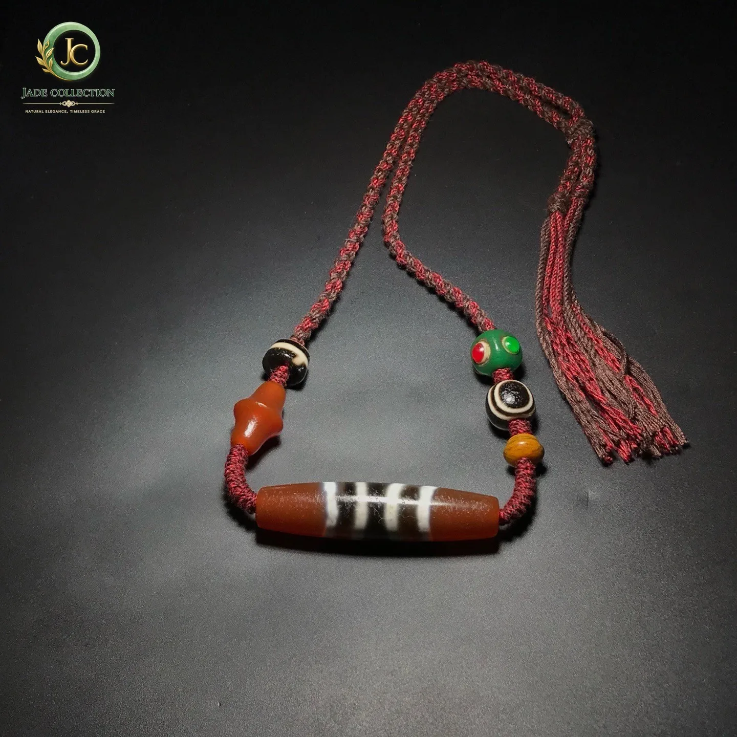 Unique Tibetan Old Agate Dzi *Lines* Beads Amulet Necklace J0620