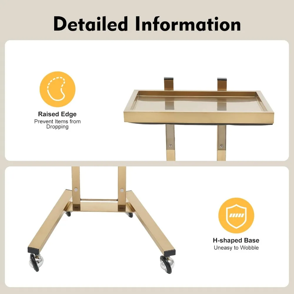 صينية صالون على عجلات، عربة دوارة ذهبية بسعة طبقتين، قاعدة على شكل حرف H، عربة تجميل، صينية مصفف شعر، حافة مستديرة #6