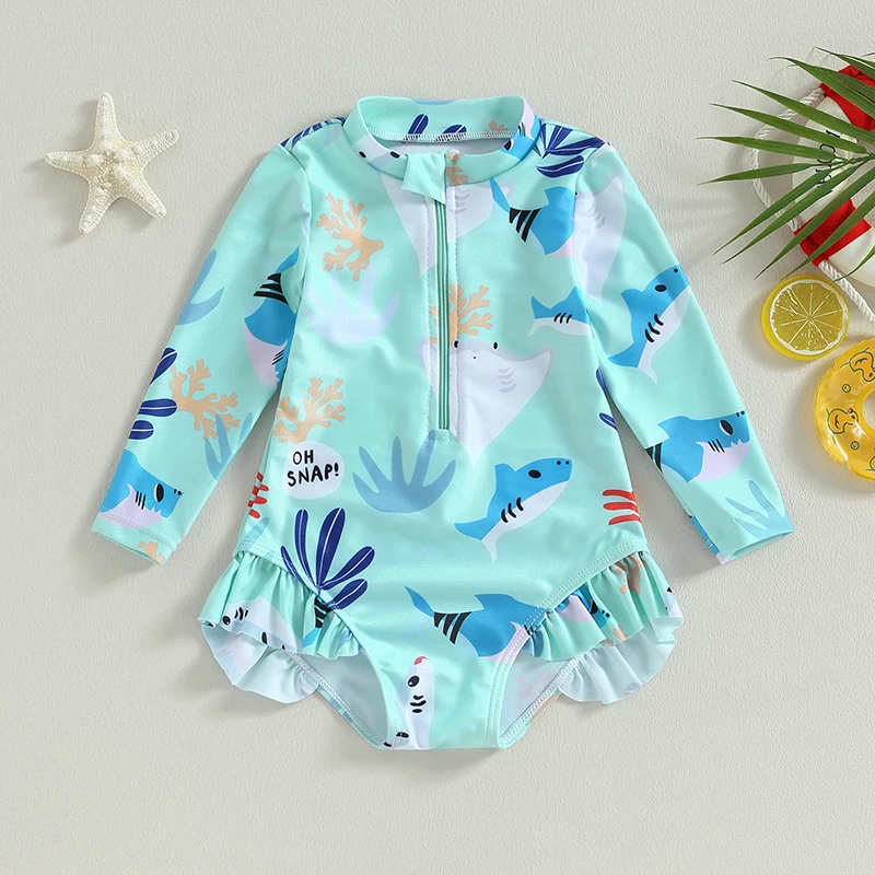 Kids Girls Bikini Long Sleeve Swimsuit Stand Collar Sea Animal Print Swimwear for Summer Beach