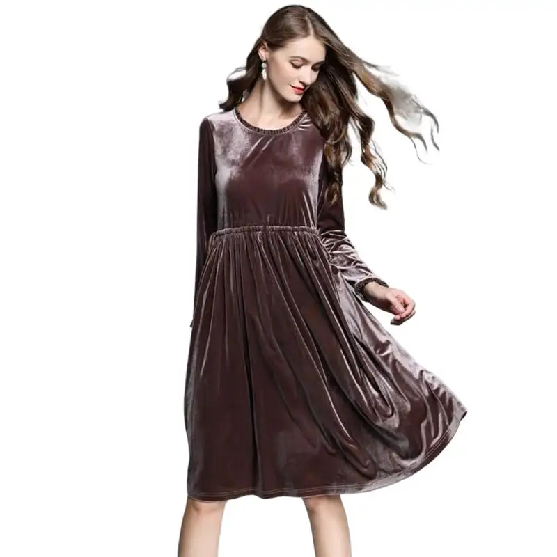 

Office lady fashion elegant ruffled collar pleated velour dress Solid Spring long sleeve velvet dress vintage party Vestidos