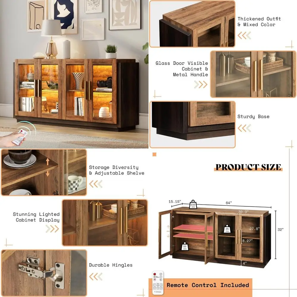 

Modern Glass Door Sideboard Buffet Cabinet with LED Lights and Adjustable Shelves, Multi-Color Accent Storage