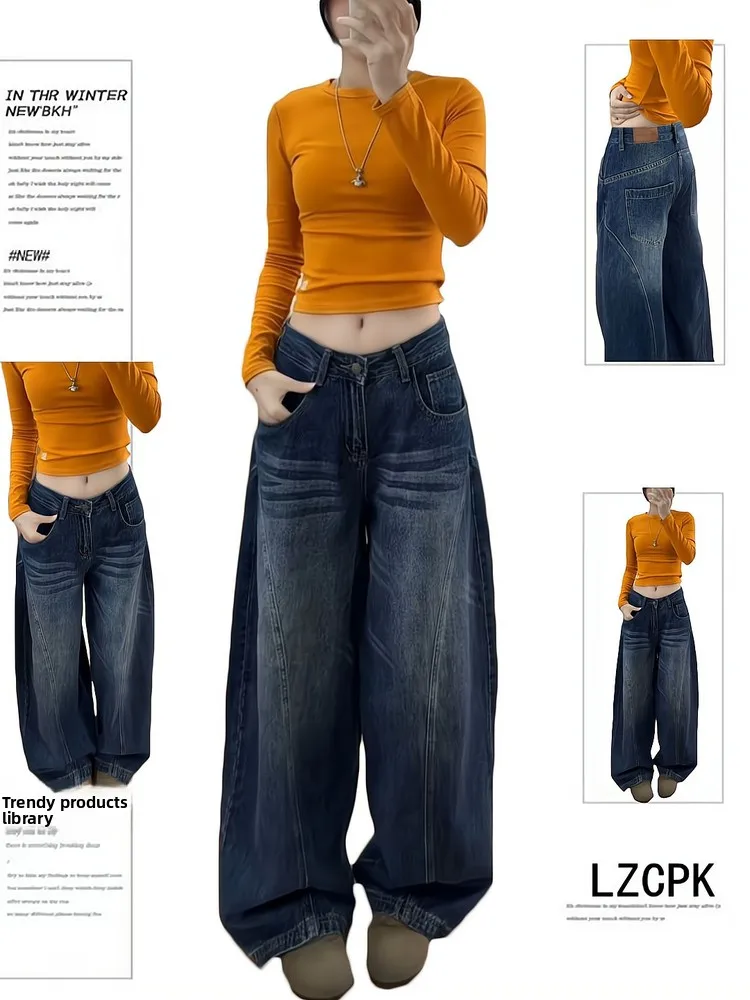 

Американские винтажные темно-синие джинсовые брюки женские с высокой талией свободные утягивающие широкие брюки длиной до пола повседневные с талией