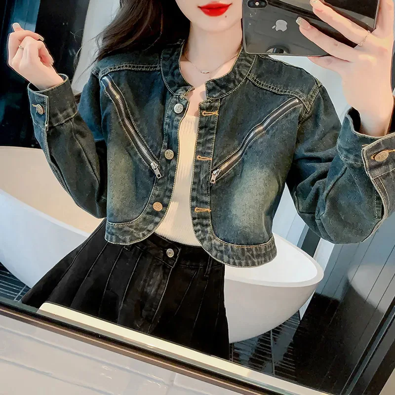 Female Korean High Waisted Denim Jacket Women's Spring, Autumn Summer Outfits Ultra Short Stature And Slimming Motorcycle Jacket