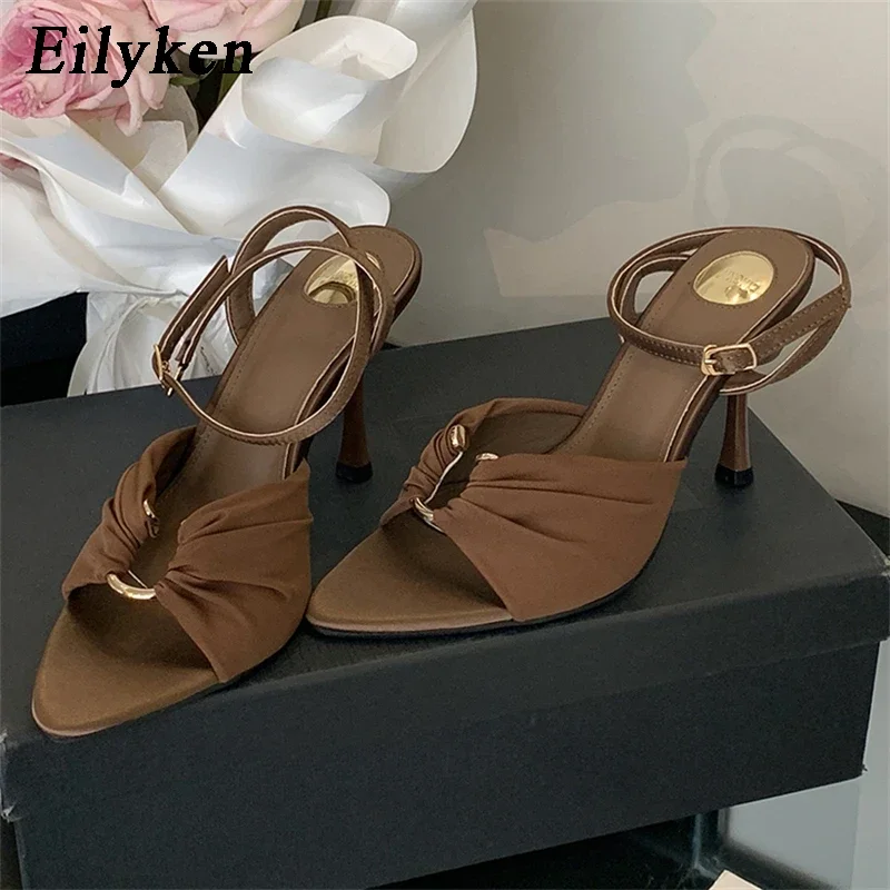 Eilyken Sexy 9CM Thin Heels Pleated Hollow Out Buckle Strap Women Sandals Fashion Pointed Toe Banquet Party Female Shoes