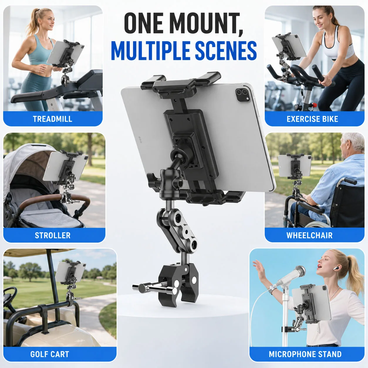 SOARSHOT TAC-541 Tablet Phone Holder Mount for Treadmill Bike Stroller Wheelchair Golf Cart Mic Stand Adjustable Clamp Arm