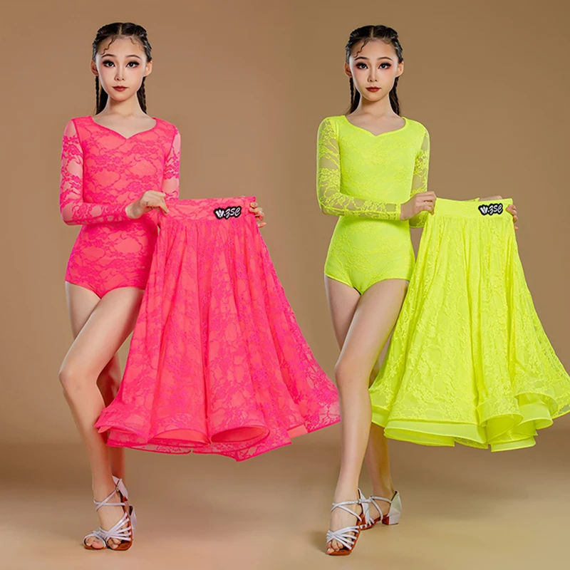 노란색 볼룸 댄스 의상 표준 현대 댄스 정장 소녀 긴 소매 레이스 성능 착용 왈츠 경쟁 드레스 VDL3491