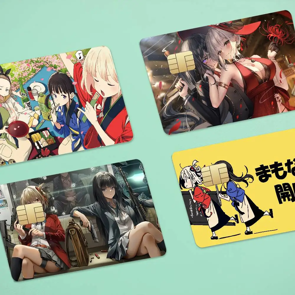 Anime L-Lycoris Recoil Anime 4pcs 1Set Funny Shell On Off Ultra Thin No Fade Sticker Skin Cover Film For Debit Credit Card