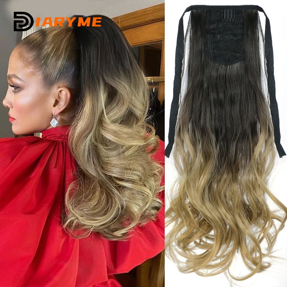 Synthetic Ombre Ponytail Extensions Long Wavy Silk Strap Ponytail Fake Hair Pigtail Clip-in Hair Extensions Pony Tail Heat-Resis