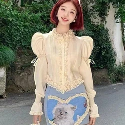 Elegant Lolita Blouses Women Sweet Lace Ruffles Bandage Puff Long Sleeve Shirts Korean Fashion Slim Vintage Top