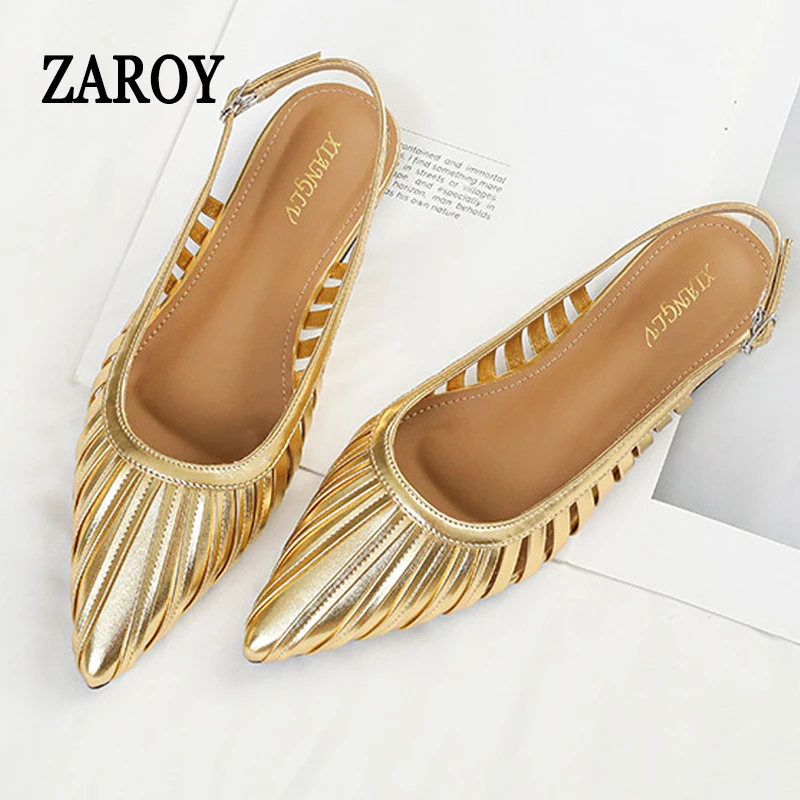 

ZAROY Plus Size Flat Sandals Women Summer Footwear Narrow Band Hollow Out Ankle Buckle Point Toe Shoes Party Office Sandalias