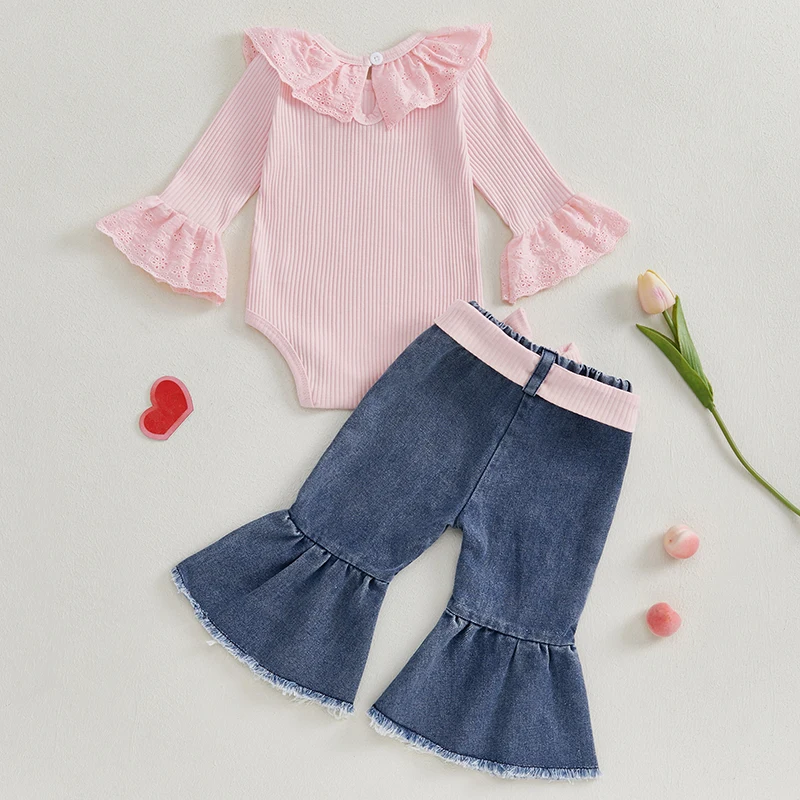 Conjunto de roupas de 2 peças para meninas de 0 a 18 meses, renda, babados, gola redonda, manga comprida, macacão + calças jeans rasgadas, roupas de outono para crianças pequenas