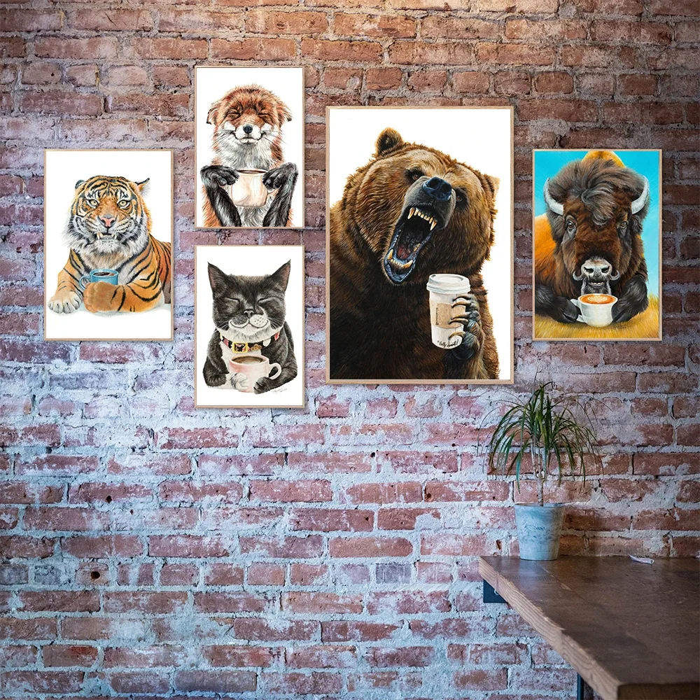 Zwierzęta Drinking Coffee Plakat Wydruki Llama Latte Cat Wolf Grizzly Tiger Fox Canvas Painting Modern Kitchen Bar Wall Decor