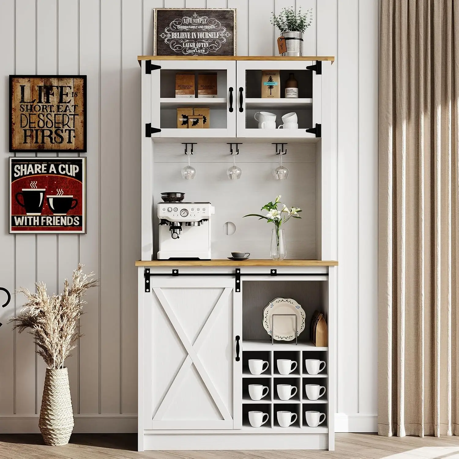 72" Farmhouse Coffee Bar Cabinet with Sliding Barn Door, White, Customized