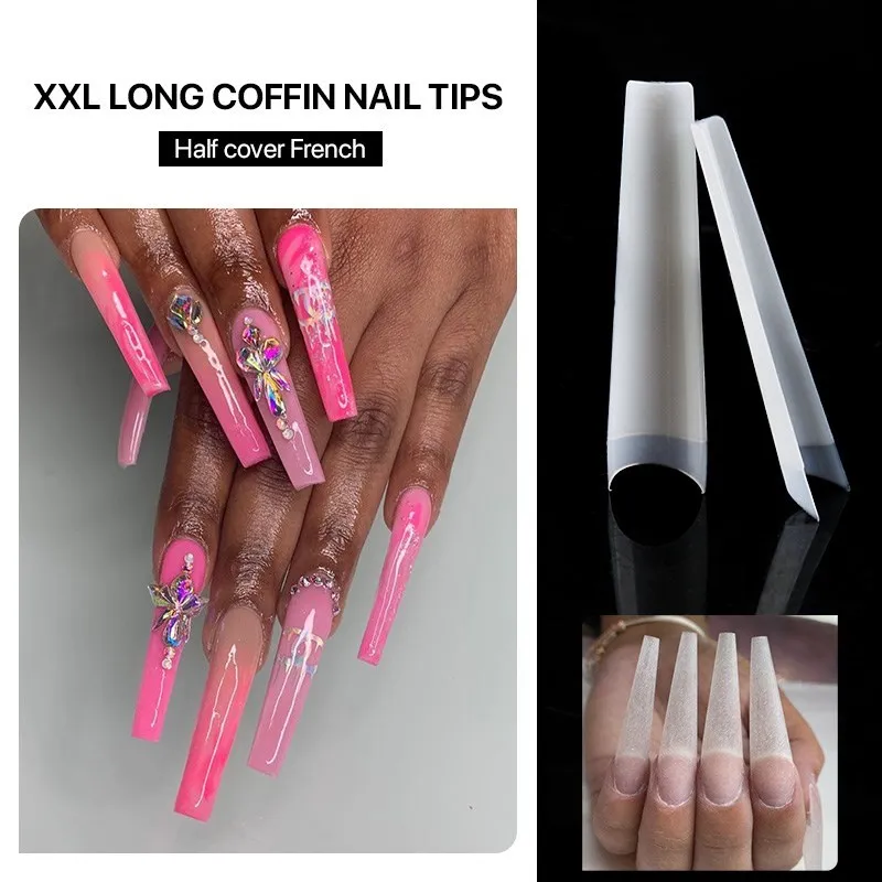 600pcs Coffin Nail Tips Half Cover Extra Long Acrylic False Nails Manicure Press On Tip Nail Extension Gel Nail Mold Dual Forms