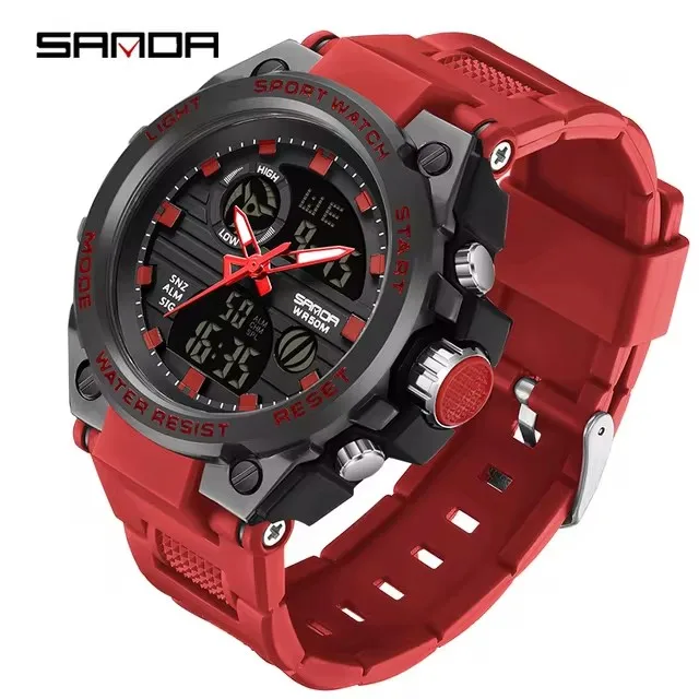 SANDA 739 Quartz Watch Analog Digital Dual Display Fashion Red Silicone Strap Wristwatch Sports Hand Clock for Men