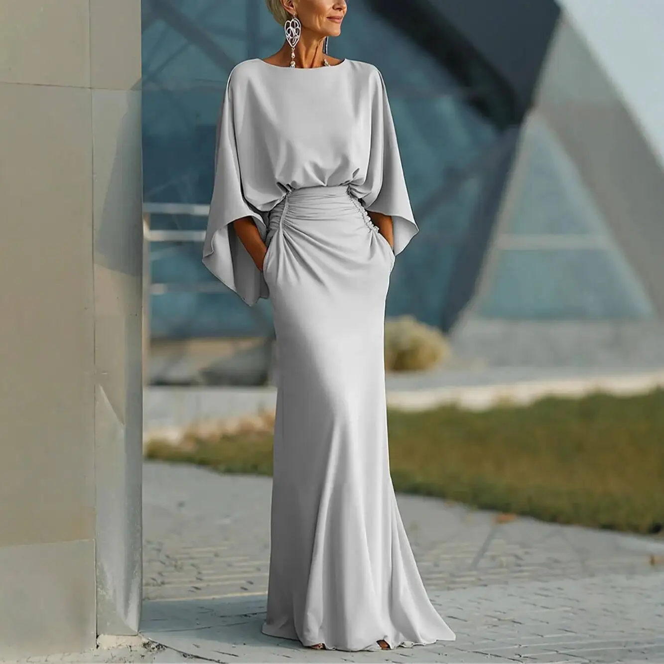 

Elegant Spring V-neck Gown Waist-cinching Skirt Batwing Sleeve Independent Station Cross-border Seven-eighth Sleeve Batwing