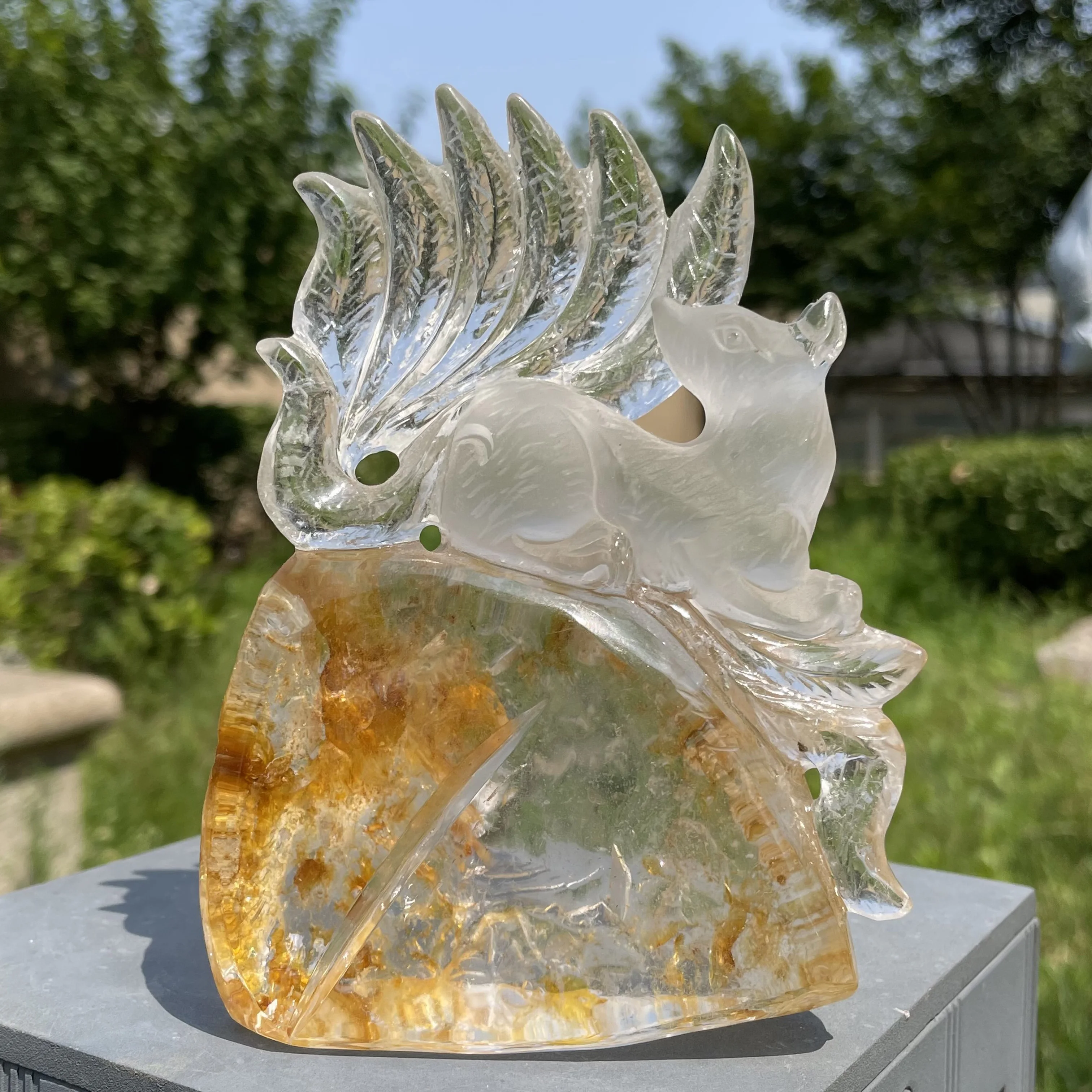 574g Natural Yellow Garden Quartz Nine Tailed Fox Clear Crystal Carving Animal Statue Healing Stone Home Decoration 02