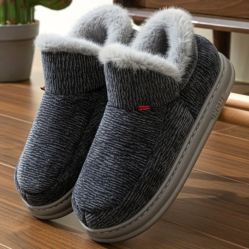 

Thick warm men's slippers with plush & non-slip EVA sole. Heavy cushioning for cold floors. Indoor/Outdoor. Grey/Brown/Caramel.