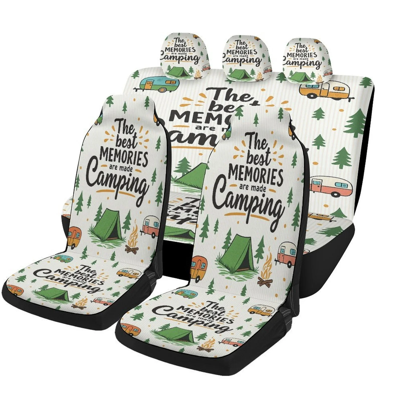 Camping Memories Themed Car Seat Cover Set - Trendy High-Quality Polyester Full Set For Most Cars, Fit For 2 Front & Rear Seats,