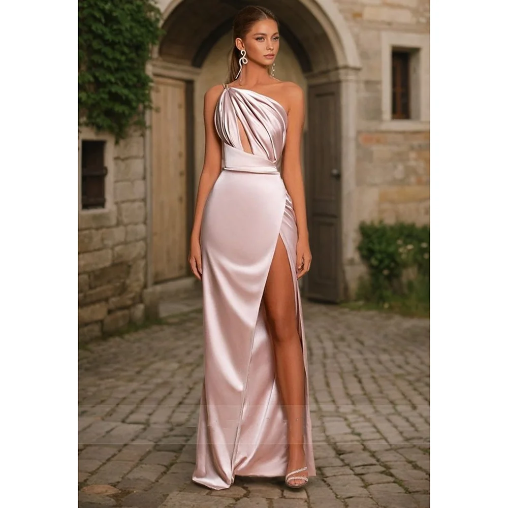 

Pink Gorgeous One Shoulder Sleeveless Pleated Cut Out Sexy Women Prom Gown Mermaid Side Split Dinner Party Dress