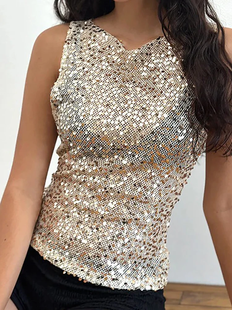 Casual O-neck Tight Solid Color T-shirt Lady Sexy Perspective Music Festival Blouses Spring Summer Hollow Sleeveless Sequin Top