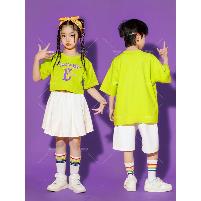 Camisa infantil com saia hip hop e shorts, roupas de dança de rua, roupas de dança, trajes de baile para meninas e meninos, moda